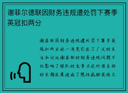 谢菲尔德联因财务违规遭处罚下赛季英冠扣两分 谢菲尔德联因财务违规遭处罚下赛季英冠扣两分